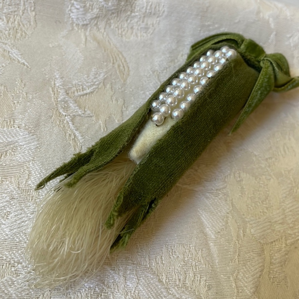 Vintage velvet Perl faux corn on the Cobb pin or ornament made in Japan